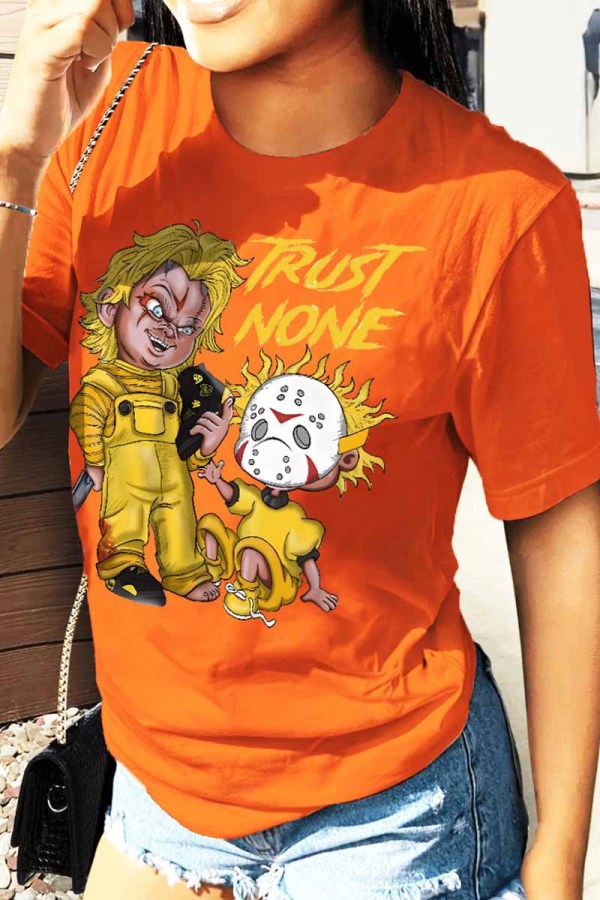 Camisetas casuais laranja com estampa de letra O decote