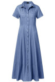 Vestidos de mezclilla rectos de manga corta con cuello vuelto y hebilla de retazos sólidos informales azules