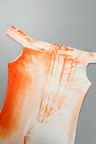 オレンジ カジュアル プリント バックレス オフショルダー ワン ステップ スカート ドレス