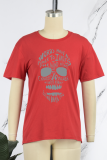 Red Casual Print Skull Patchwork O Neck T-Shirts