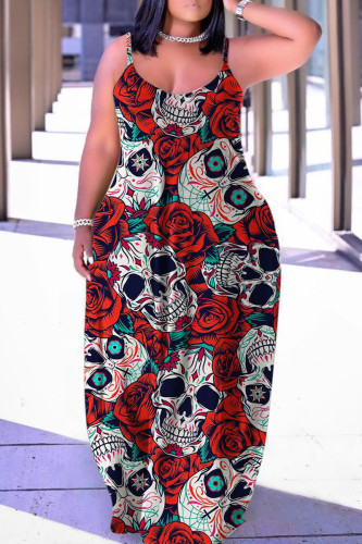 Tangerine Red Halloween Casual Graphics Print Backless Spaghetti Strap Floor Length Vacation Baggy Sundress Slip Maxi Dress