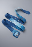 Blu pavone Stampa casual Patchwork Fibbia Balza Abito camicia con colletto alla rovescia Abiti taglie forti (con cintura)