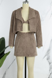 Brown Sexy Casual Solid Patchwork Turndown Collar Long Sleeve Three Piece Set