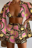 Yellow Pink Casual Print Patchwork Pocket Buttons Turndown Collar Three Quarter Two Pieces(Three Pieces)
