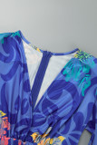 Khakifarbenes, lässiges, bedrucktes, langes Patchwork-Kleid mit V-Ausschnitt