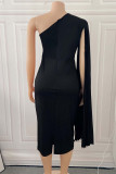 ブラック カジュアル ソリッド パッチワーク フォールド 非対称 斜め襟 ストレート ドレス