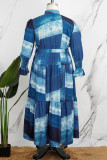 Pauwblauw casual print patchwork gesp volant kraag overhemdjurk grote maten jurken (met riem)