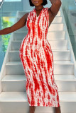 赤いセクシーなプリント パッチワーク フード付き襟ラップ スカート ドレス