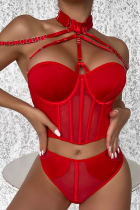 Röd Sexig Solid Patchwork Metalltillbehör Dekoration Mesh Kontrast Underkläder