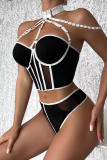 Black Sexy Solid Patchwork Metal Accessories Decoration Mesh Contrast Lingerie