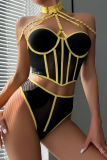 Черное желтое сексуальное твердое лоскутное женское белье с металлическими аксессуарами, украшение, сетчатое контрастное белье