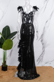 Черные однотонные платья в стиле пэчворк с блестками и перьями без спинки с V-образным вырезом Платья