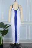 ブルー カジュアル パッチワーク コントラスト スパゲッティ ストラップ ロング ドレス ドレス