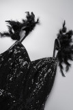 Черные однотонные платья в стиле пэчворк с блестками и перьями без спинки с V-образным вырезом Платья
