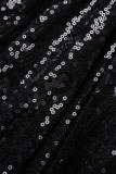 Svarta solida paljetter Patchwork fjädrar Rygglös V-hals oregelbunden klänning klänningar
