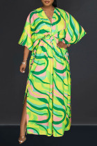 Groene casual print patchwork split V-hals lange jurkjurken