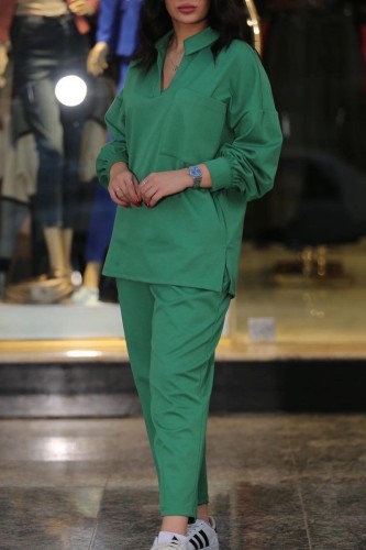 Green Casual Solid Patchwork Turndown Collar Long Sleeve Two Pieces