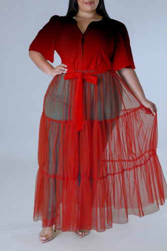 Red Casual Print Bandage Patchwork Buckle Turndown Collar Straight Plus Size Dresses