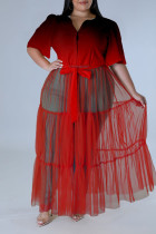 Rode casual print bandage patchwork gesp turndown kraag recht grote maten jurken