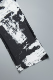 Zwarte casual print patchwork V-hals onregelmatige jurkjurken