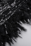 Black Solid Sequins Patchwork Feathers Backless V Neck Irregular Dress Dresses