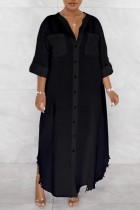 Schwarzes, lässiges, einfarbiges Patchwork-Hemdkleid mit V-Ausschnitt