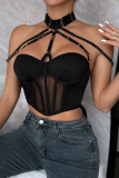 Black Sexy Solid Patchwork Metal Accessories Decoration Mesh Contrast Lingerie