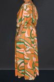 オレンジ カジュアル プリント パッチワーク スリット V ネック ロング ドレス ドレス