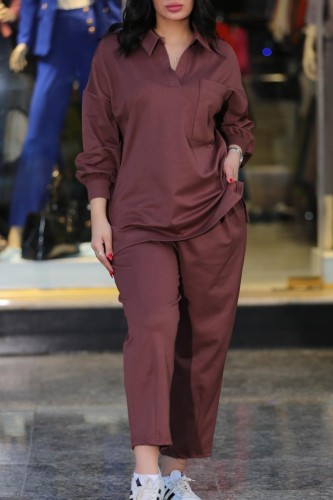 Rust Red Casual Solid Patchwork Turndown Collar Long Sleeve Two Pieces