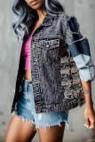 Multicolor Casual Print Ripped Turndown Collar Sleeveless Regular Denim Jacket (Subject To The Actual Object)