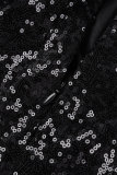 Zwarte effen pailletten, patchwork, veren, rugloze V-hals, onregelmatige jurkjurken