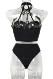 Черно-белое сексуальное твердое лоскутное бельё с металлическими аксессуарами, украшение, сетка, контрастное бельё