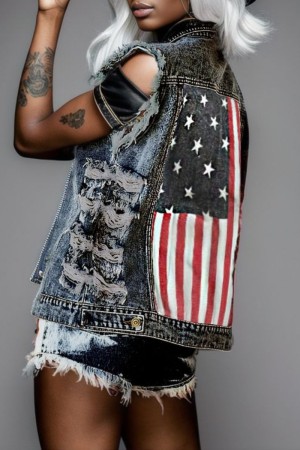 Multicolor Casual Flag Star Print Turndown Collar Sleeveless Regular Distressed Ripped Denim Jacket (Subject To The Actual Object)