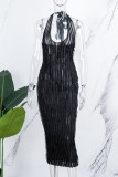 Negro sexy sólido borla vendaje patchwork sin espalda cabestro envuelto falda vestidos