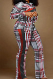 Red Casual Print Patchwork Contrast Turndown Collar Plus Size Two Pieces