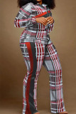 Red-brown Casual Print Patchwork Contrast Turndown Collar Plus Size Two Pieces