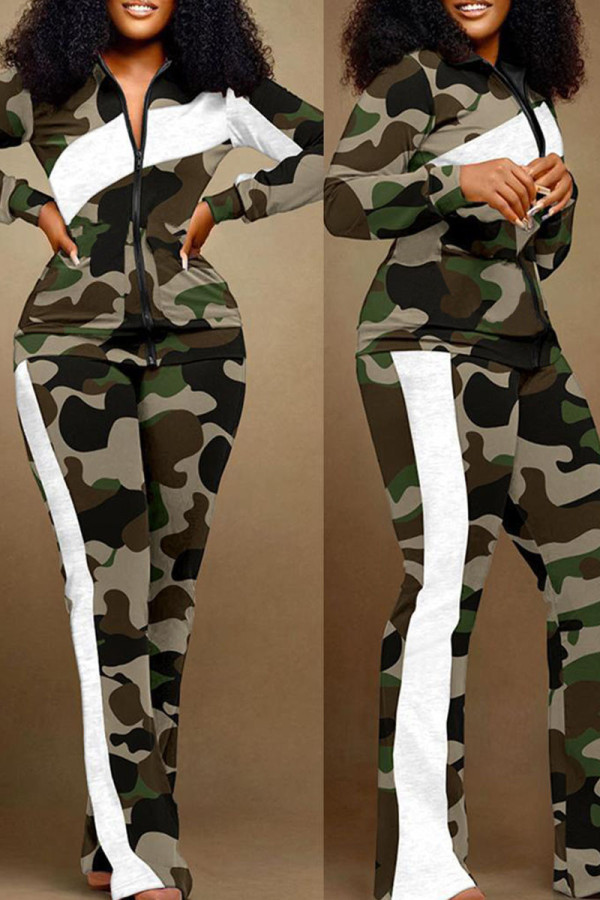 Camouflage Casual Print Patchwork Kontrast Turndown-krage Plus Size Two Pieces