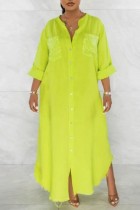 Fluoreszierendes grünes, lässiges, einfarbiges Patchwork-Hemdkleid mit V-Ausschnitt