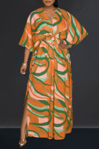 Orangefarbenes, lässiges, bedrucktes, langes Kleid mit Patchwork-Schlitz und V-Ausschnitt