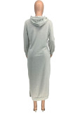 Grey Casual Solid Patchwork Slit Hooded Collar Plus Size Dresses