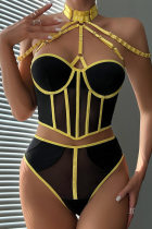Черное желтое сексуальное твердое лоскутное женское белье с металлическими аксессуарами, украшение, сетчатое контрастное белье
