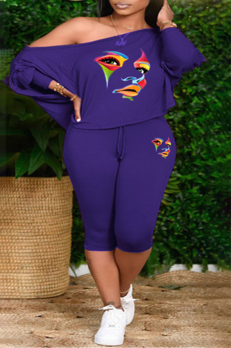 Purple Casual Print Patchwork Oblique Collar Plus Size Two Pieces