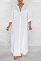 Vestido de camisa con cuello en V de patchwork sólido casual blanco Vestidos
