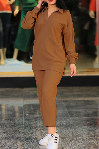 Coffee Casual Solid Patchwork Turndown Collar Long Sleeve Two Pieces