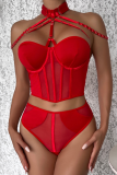 Red Sexy Solid Patchwork Metal Accessories Decoration Mesh Contrast Lingerie