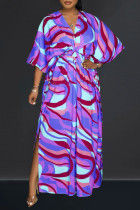 Пурпурное повседневное длинное платье с принтом в стиле пэчворк и разрезом V-образным вырезом Платья