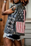 Multicolor Casual Flag Star Print Turndown Collar Sleeveless Regular Distressed Ripped Denim Jacket (Subject To The Actual Object)