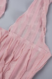 ピンクのセクシーなソリッドタッセル包帯パッチワークバックレスホルターラップスカートドレス
