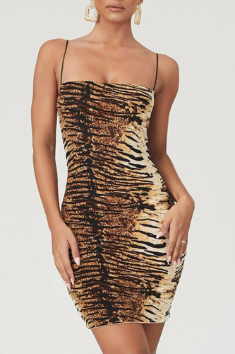 Tiger Pattern Sexy Animal Print Patchwork Backless Spaghetti Strap One Step Skirt Dresses