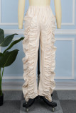 Abricot Casual Solid Fold Regular Taille Haute Classique Pantalon de Couleur Unie